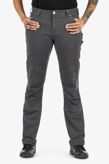 GO TO™ Stretch Canvas Pant in Cement Grey by Dovetail Workwear shown on a woman wearing a black t-shirt, featuring articulated knees, reinforced knee, and a straight leg silhouette
