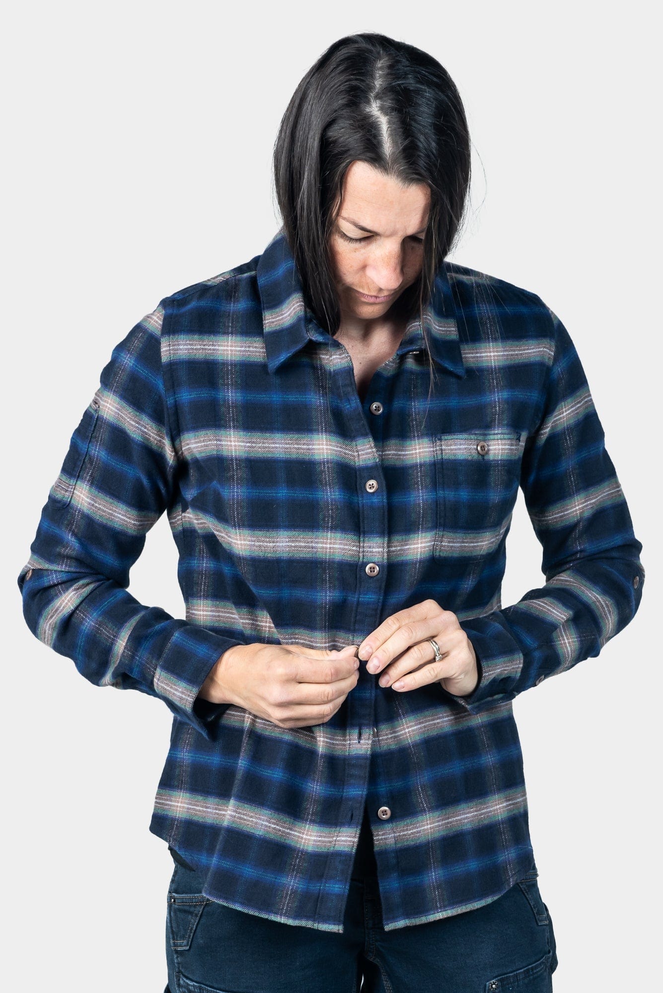 Closeout Givens Workshirt in Stretch Flannel - Coffee and Vintage Blue Work Shirt Dovetail Workwear