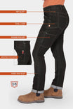 Side view of a woman wearing Dovetail Workwear's Maven Slim Pant in Heathered Black Graphene, highlighting the Hip Slot™, Tool Loop, Phone Pocket, Nested Pockets, and Knee Pad Slot features