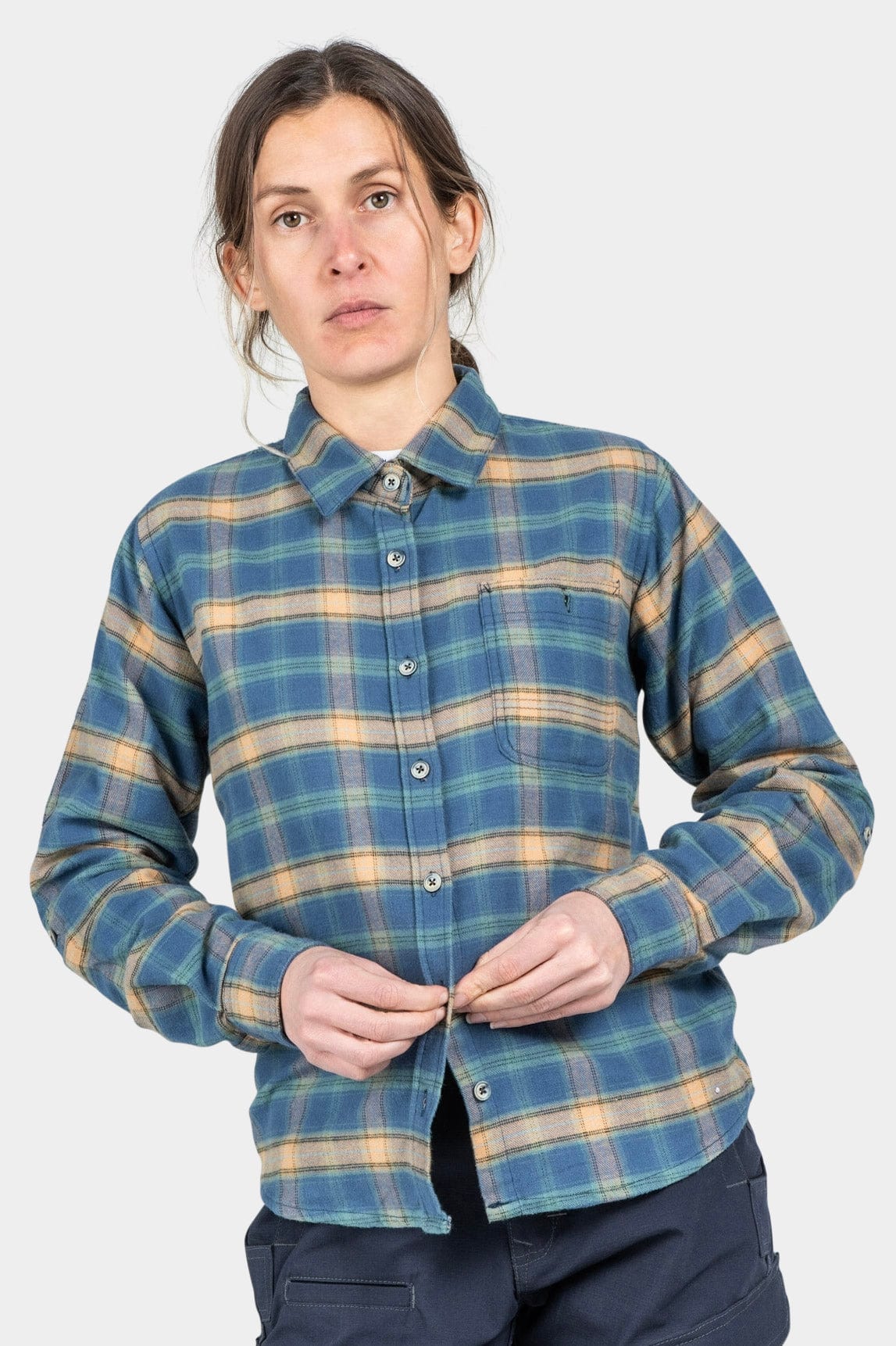 Closeout Givens Workshirt in Stretch Flannel - Coffee and Vintage Blue Work Shirt Dovetail Workwear