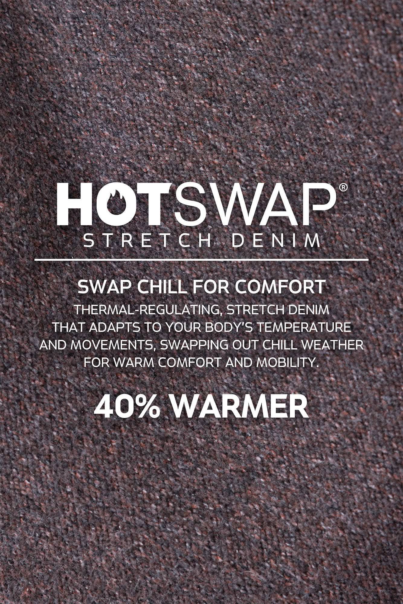 HOTSWAP™ stretch denim fabric close-up with text highlighting 40% warmer thermal-regulating technology for comfort and mobility in cold weather.