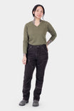 Dovetail Workwear Old School High Rise Graphene Denim Pant in Heather Black shown on a woman wearing an olive long-sleeve shirt, featuring straight-leg silhouette and knee pad slots