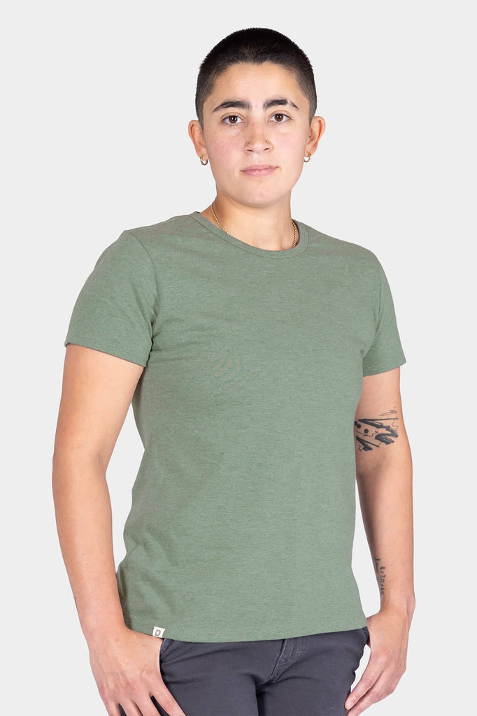 Dovetail Workwear GO TO™ Crew Neck Tee Shirt in Agave Green, shown on a woman wearing the soft cotton jersey blend tee with relaxed fit