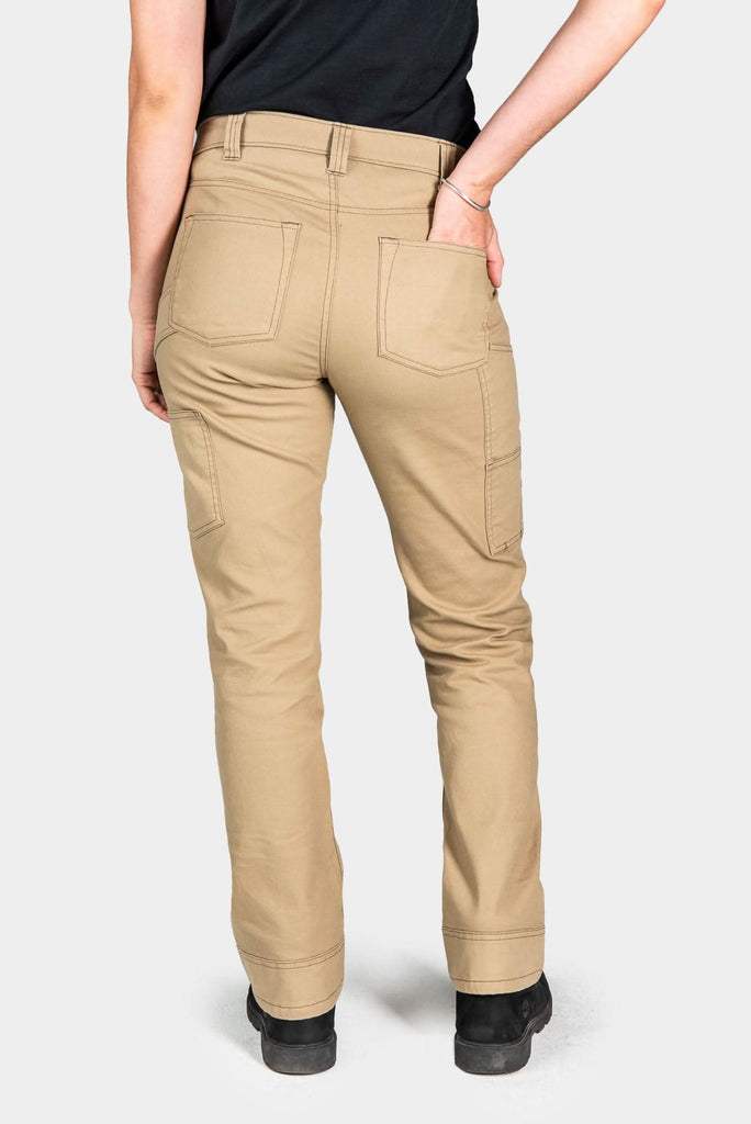 Back view of a woman wearing the Anna Taskpant in Khaki Canvas by Dovetail Workwear, showing reinforced knees, cargo pockets, and straight leg silhouette