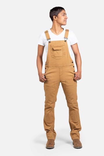 Freshley Overalls in Saddle Brown Canvas — Flex suspenders — Dovetail Workwear